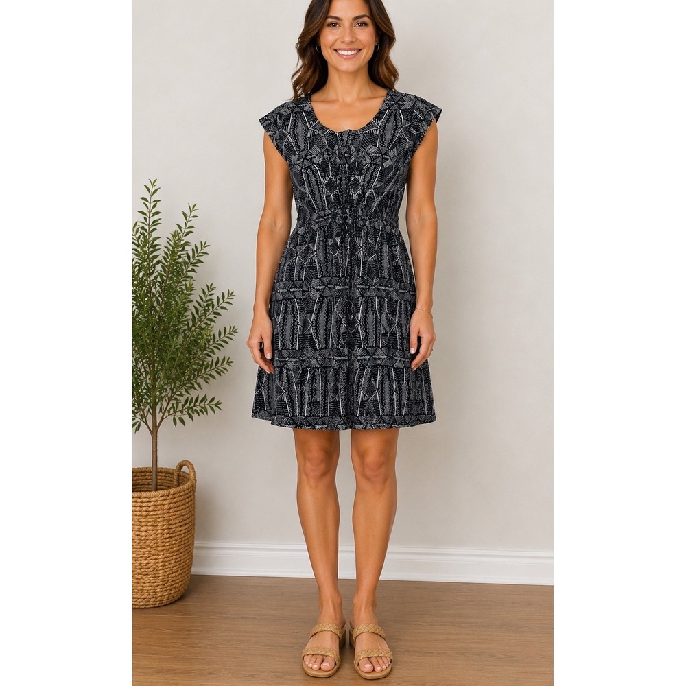 Mata Traders Fit & Flare Dress Womens Medium Black White Smocked Cotton